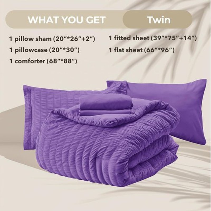 HYMOKEGE Twin Comforter Set - Luxury 5-Piece Bedding Set in Bright Purple | All-Season Seersucker Design