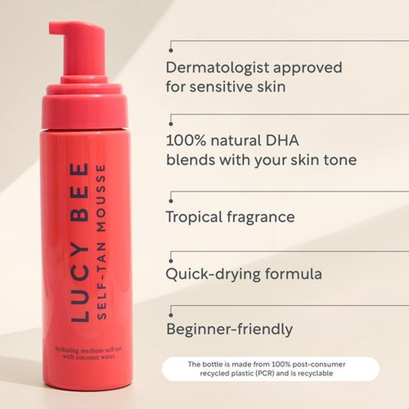 Lucy Bee Self Tan Mousse, Customizable Medium Self Tanning Foam, Natural Looking Tan, Quick-Drying, Dermatologist Approved for Sensitive Skin, Hydrating Coconut Water, Tropical Scent, 6.76 fl oz
