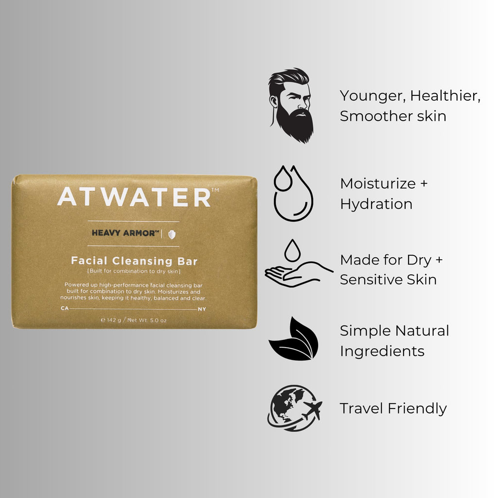 ATWATER Heavy Armor Facial Cleansing Bar for Dry to Combination Skin, Moisturizing Sulfate-Free Rich Lathering Face Wash with Jojoba Oil and Coconut - 5 oz