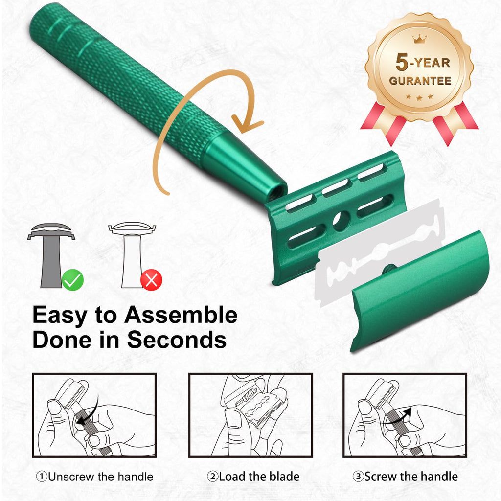 Green Safety Razors for Men and Women, Reusable Metal Single Blade Razor