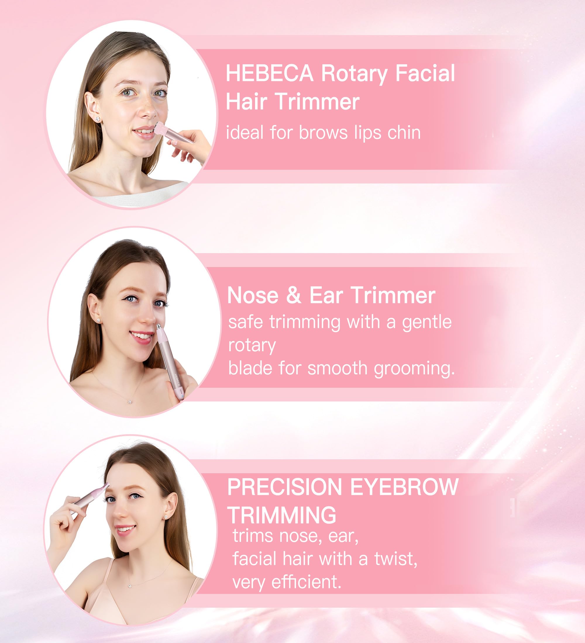 HEBECA Nose Hair Trimmer for Women 3in1 Facial Hair Removal Trimmer - Metal Body, Rechargeable, Waterproof, Portable - Nose, Ear, Eyebrow, Peach-Fuzz, Lips, Chin (Pink)
