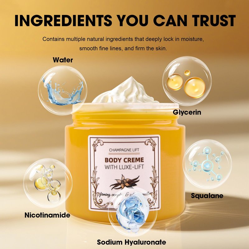 Xaninp Champagne Body Cream, Champagne Lift Body Creme with Firming Complex & Pink Pepperslim, Deep Hydration & Smoothing Body Cream, Firms & Lifts Arms & Legs, Hydrates Dry Skin, Vanilla Scent