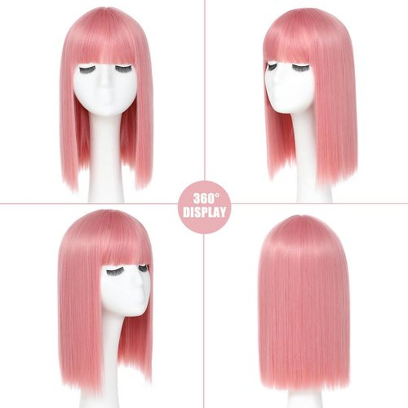 JSDshine Pink Bob Wig With Bangs - Heat Resistant 14Inch Synthetic Hair, Short Straight Shoulder Length Natural-Looking Cosplay Wig for Daily Use, Parties & Women Girls