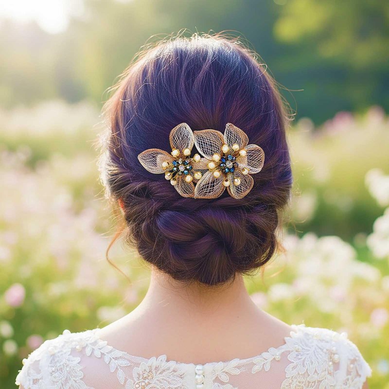 Yokawe Crystal Flower Hair Clip, Gold Mesh Design with Pearl Beads, Wedding Hair Accessory, Double Floral Barrette
