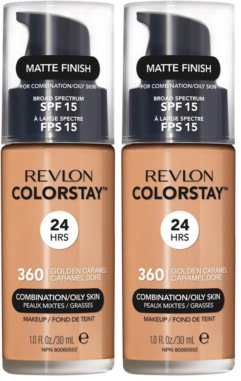 Revlon Liquid Foundation, ColorStay Face Makeup for Combination & Oily Skin, SPF 15, Medium-Full Coverage with Matte Finish, 360 Golden Caramel, 1 Fl Oz (Pack of 2)