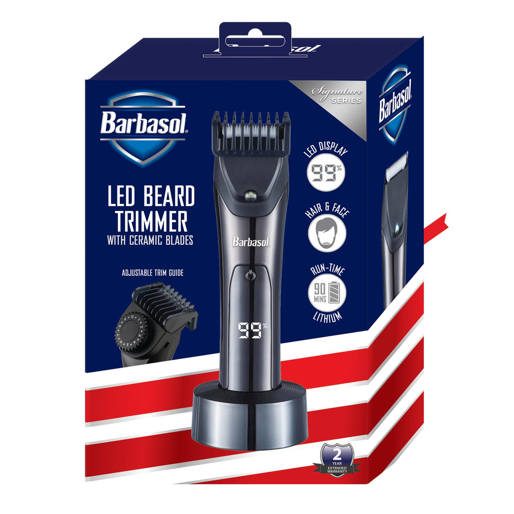 Barbasol Hair and Beard Trimmer for Men, Rechargeable Battery with Charging Base, Powerful Hypoallergenic Ceramic Blades, Dial Adjustable Hair Guard Length with 10 Settings, LED Screen