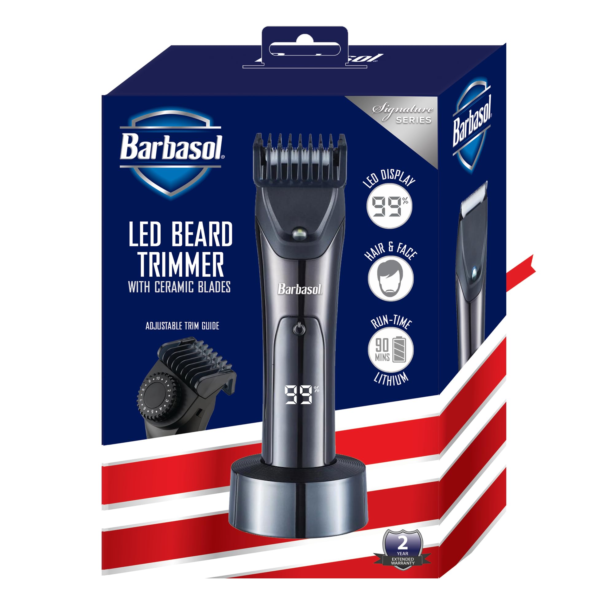 Barbasol Hair and Beard Trimmer for Men, Rechargeable Battery with Charging Base, Powerful Hypoallergenic Ceramic Blades, Dial Adjustable Hair Guard Length with 10 Settings, LED Screen