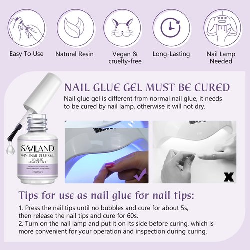 SAVILAND 4-in-1 Nail Gel Set, 2 pcs 15 ML Upgraded Glue for Fake & Press on Nails, Gel Base Strengthen and Nail Repair Treatment, Replacement for Glue.
