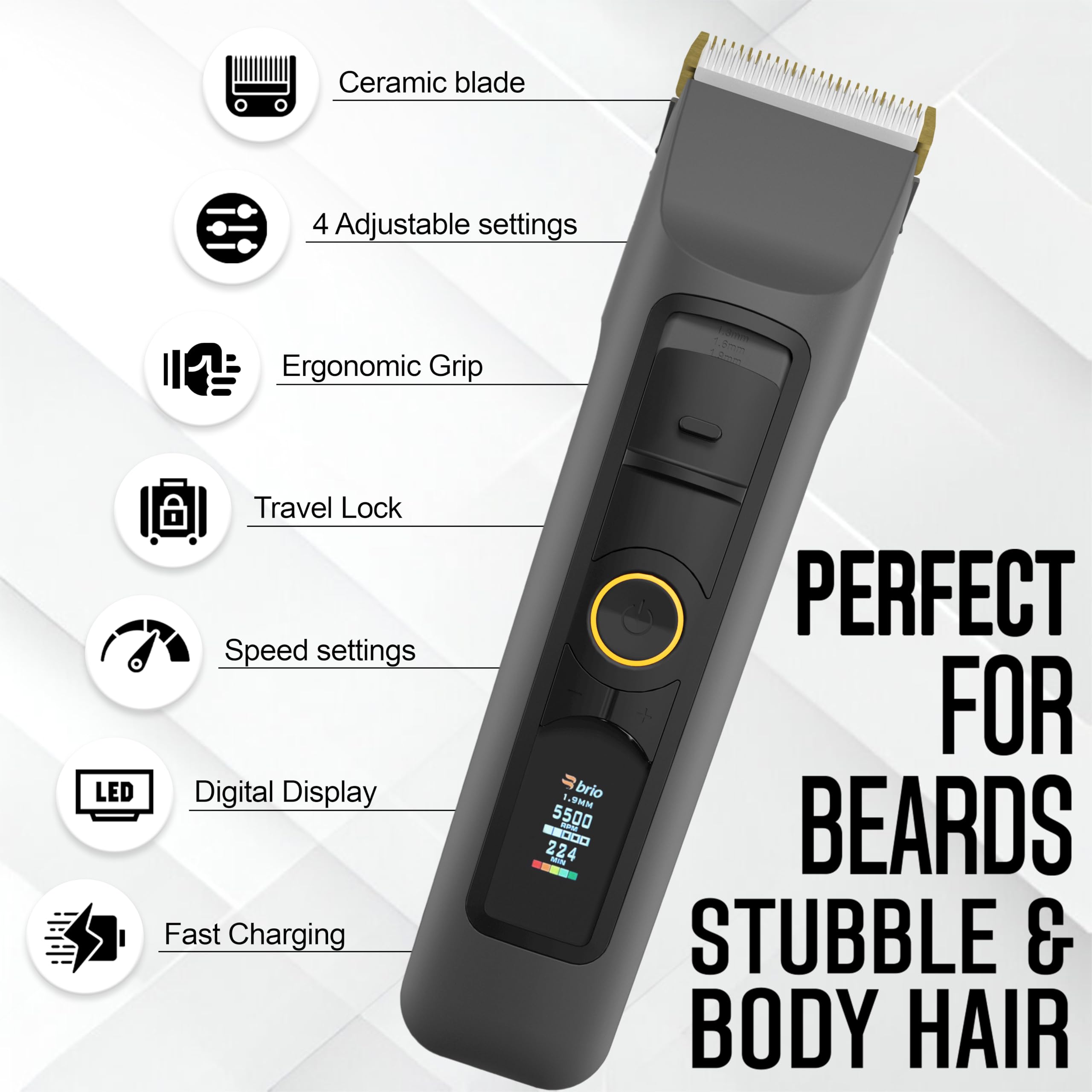 Brio Beardscape V2 Beard Trimmer for Men Professional with Low Friction Ceramic Blade, Cordless Professional Hair Trimmer for Barbers with 4 Hrs of Long Battery Timing, Ideal for Beard & Body (Gray)