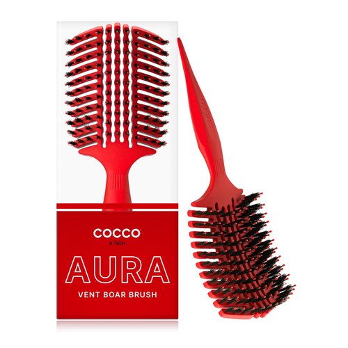 COCCO Aura Vent Boar Brush | Vented Dual-Curved Design for Faster Drying, Effortless Detangling & Shine, Boar + Nylon Bristles, Ergonomic Comfort Handle for Wet & Dry Hair Styling - Red