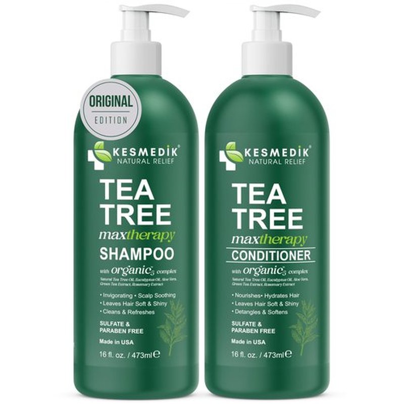 KESMEDIK Tea Tree Oil Shampoo and Conditioner MaxTherapy Set, Itchy Scalp Relief, Refreshes & Cleanses Dandruff & Buildup, Clarifying for Oily Hair, Women & Men, 16 fl oz Each