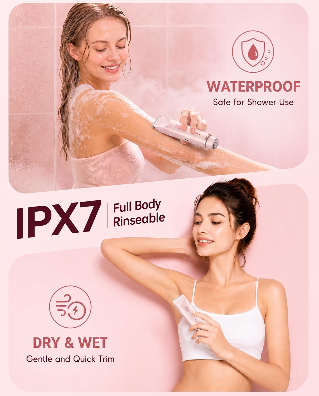 AiooTisu 2-in1- Bikini Trimmer for Women, Waterproof Painless Electric Razor with Dual Heads, IPX7 Shower & Travel Bikini Shaver, USB-C Rechargeable, for Bikini Line, Legs, Face & Underarms