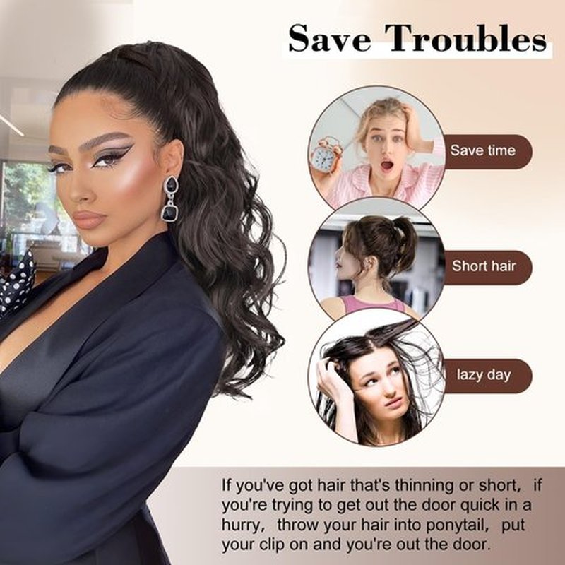 AISI BEAUTY Black Ponytail Extension, 20 inch Long Wavy Curly Claw Clip Ponytail Hair Extensions, Natural Synthetic Hairpiece for Women Daily Wear