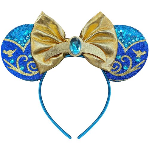 Bolonar Mouse Ears Headband for Women Adult, Blue Princess Hairband with Beads Sequin Ears