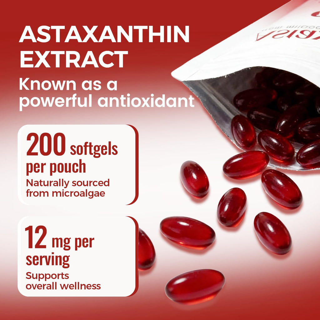 Regpem Rovina Astaxanthin 12mg, Revella Astaxanthin Antioxidant Supplements for Immune, Eye, Skin Supports, Non-GMO & Gluten Free - 200 Softgels