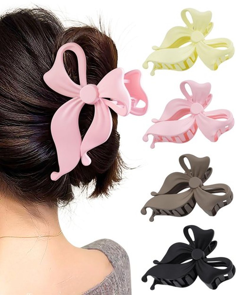 Mesovor 4 Pack Cute Bow Claw Clip for Women, Nonslip Large Matte Strong Hold Bows Hair Clips for Thin and Thick Hair | Chic Hair Styling Accessories (4.1" Black, Brown, Beige, Pink)