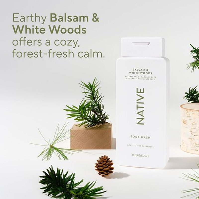 Native Body Wash - Naturally Derived Ingredients for Soft, Hydrated Skin | Sulfate, Paraben & Dye Free | Balsam & White Woods, 18 oz