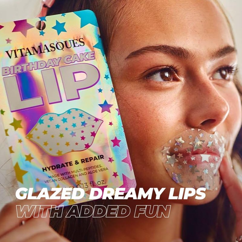 Vitamasques Lip Mask - Birthday Cake Collagen Sheets for Dry & Chapped Lips | Nourishing & Hydrating 3-Pack