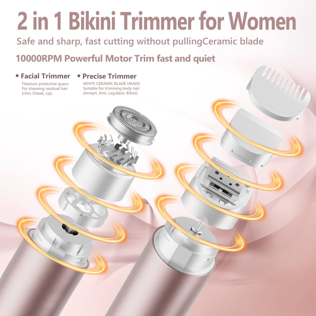Women's Bikini Trimmers, Dual Head Cordless Body & Face Hair Electric Shaver, IPX8 Waterproof Wet & Dry Razor for Legs, Underarms & Sensitive Skin – Rose Pink