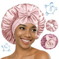 BONNET QUEEN Silk Bonnet for Sleeping Women HYALURONIC Acid Reversible Double Layer Satin Bonnet Night Sleep Cap Wrap for Curly Hair with Adjustable Tie Band & Scrunchie, Cream Pink & Rose Gold