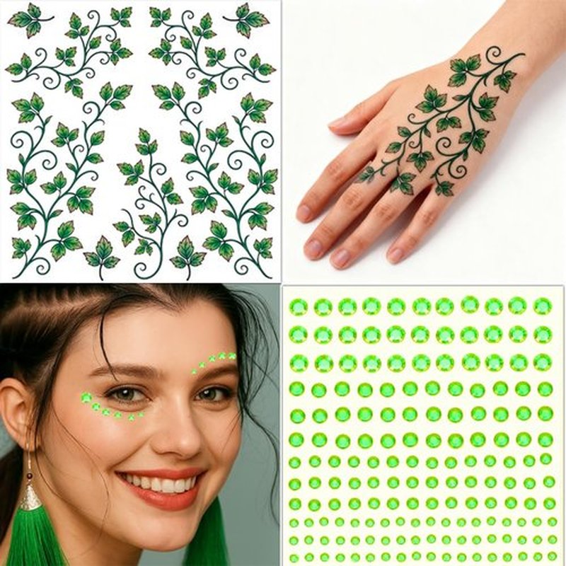 ENYACOS Ivy Face Sticker Set with Face Paint Temporary Tattoos and Green White Face Gems, Glitter Ivy Accessories for Halloween Costume, Cosplay Festival Makeup for Women Girls (A)