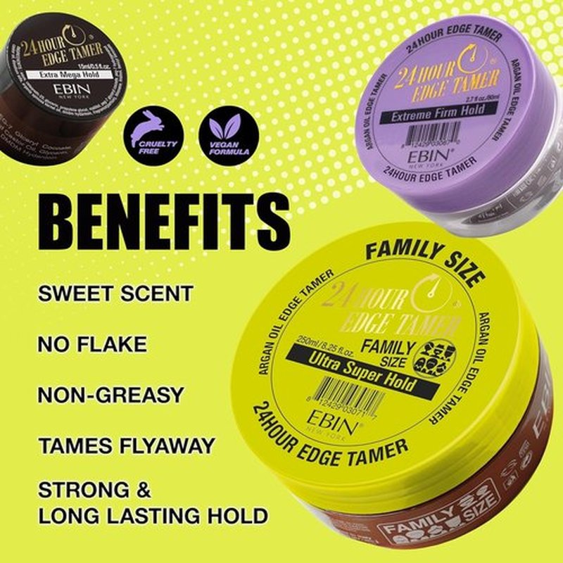 EBIN NEW YORK 24 Hour Edge Tamer Ultra Super Hold 6.34 fl.oz/180ml No Flaking, Smooth Shine, Argan & Castor Oil, Strong Edge Control Gel, Edge gel
