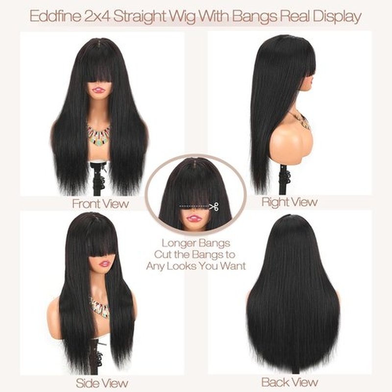 eddfine Straight Human Hair Wigs with Bangs 2x4 Lace Closure Wigs Human Hair 180% Density Drawstring Glueless Wigs Human Hair for Women Lace Front Wigs Human Hair Natural Black 18inch.