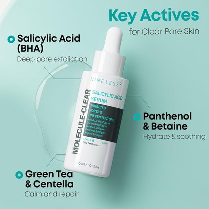 NINELESS Salicylic Acid Serum - Deep Pore Exfoliating BHA for Oily Acne-Prone Skin | Hydrating & Soothing, 1.01 fl oz