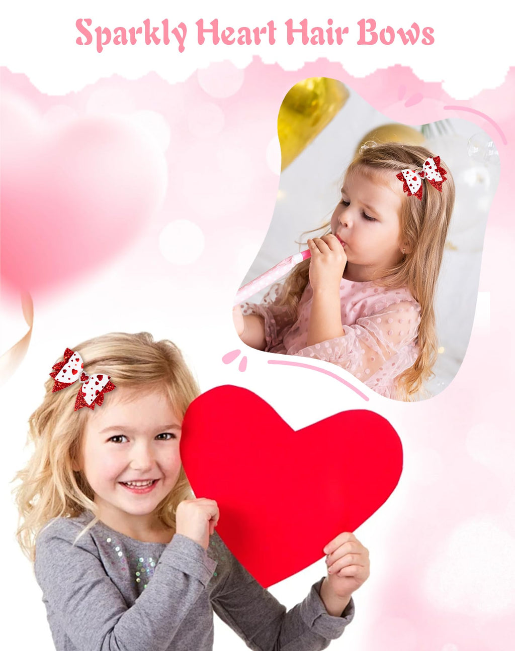 Valentine Hair Bows with Rhinstones Red Glitter Heart Love Hair Clips Valentine Hair Accessories for Women - Non Slip Alligator Clips Bows for Girls