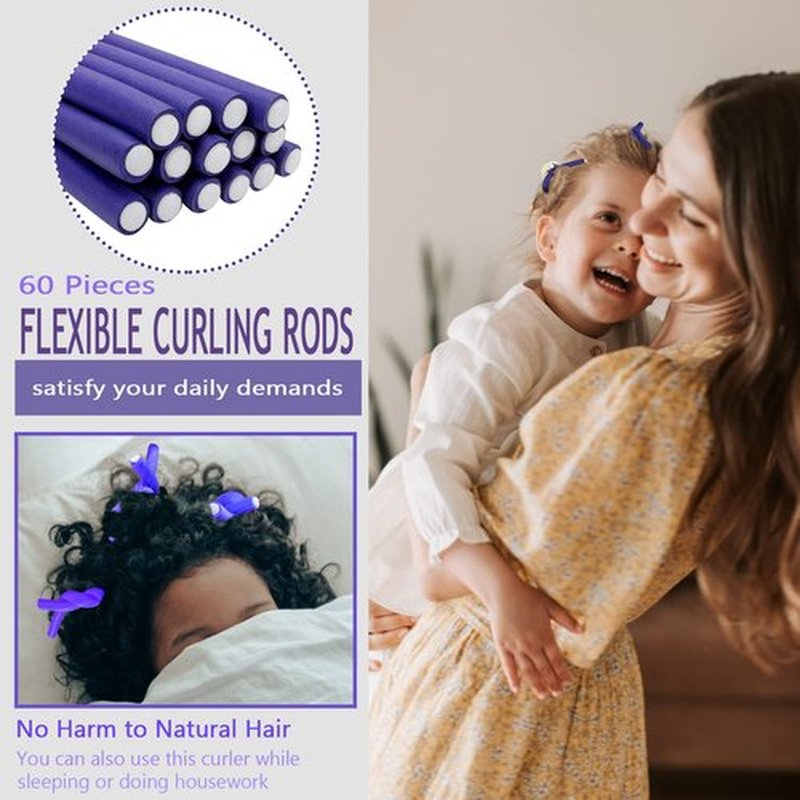 60 Pieces Flexible Curling Rods Twist Foam Flexi Rods No Heat Hair Rods Hair Rollers and Steel Pintail Rat Tail Comb for Long or Short Hair Women Girls (9.45 x 0.31, Purple)