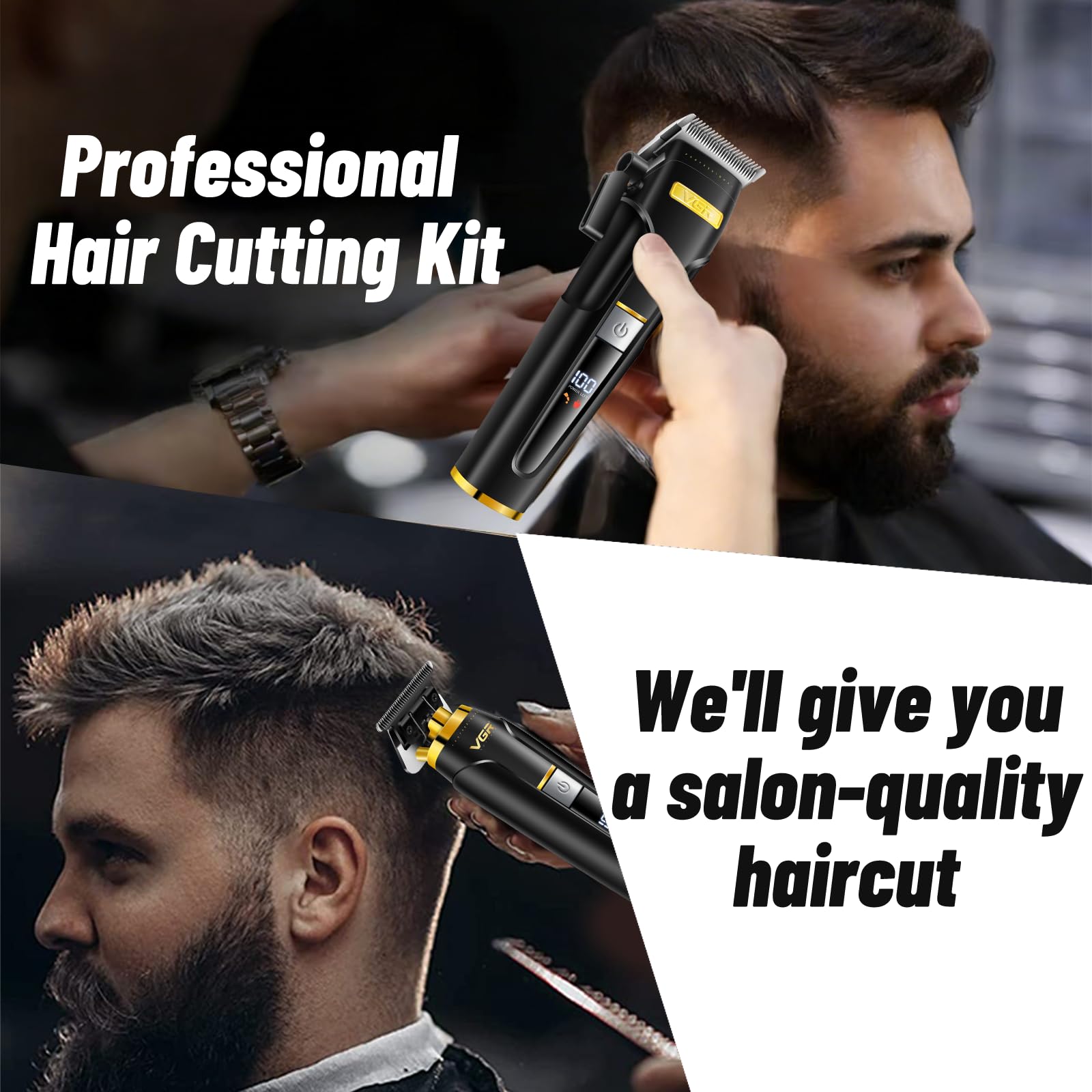 VGR 694S2 Professional Hair Clippers for Men - Cordless Barber Clipper & Trimmer Set with Charging Dock, 440 Min Runtime & LED Display - Rechargeable Hair Cutting Kit for Barbers & Home Use(Black)