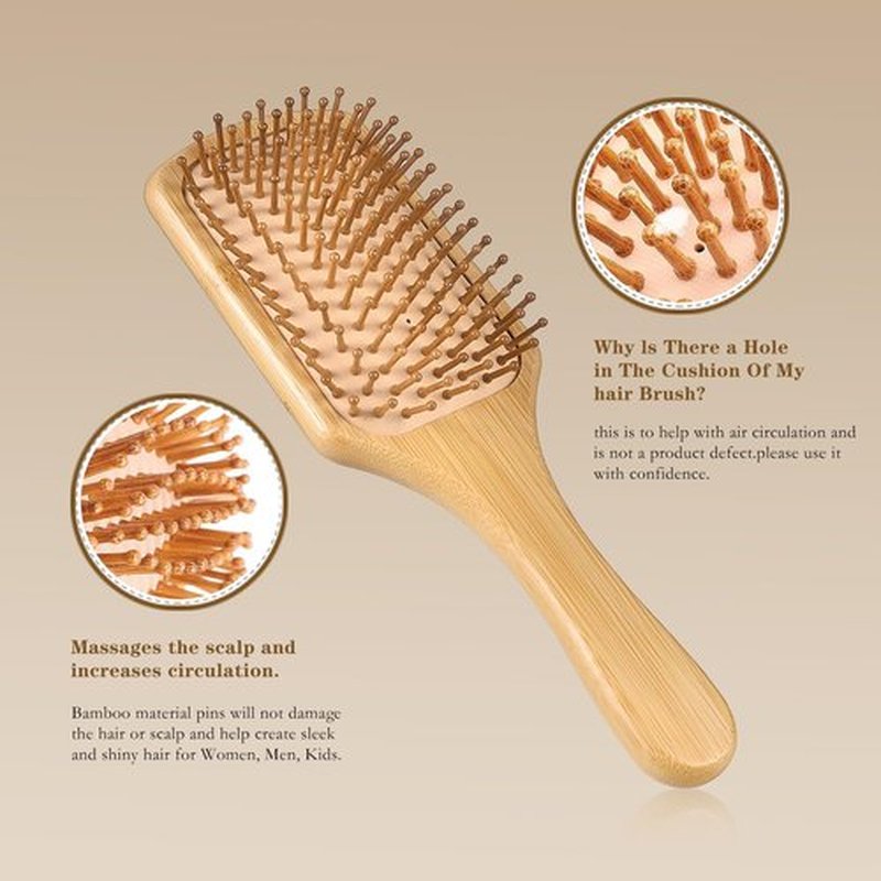 MenGate 3Pcs Bamboo Hair Brush Set for Hair Growth, Bamboo Paddle Detangling Hairbrush Board Bristles Round Brush Wooden Rat Tail Comb for Women Men and Kids Massage Scalp
