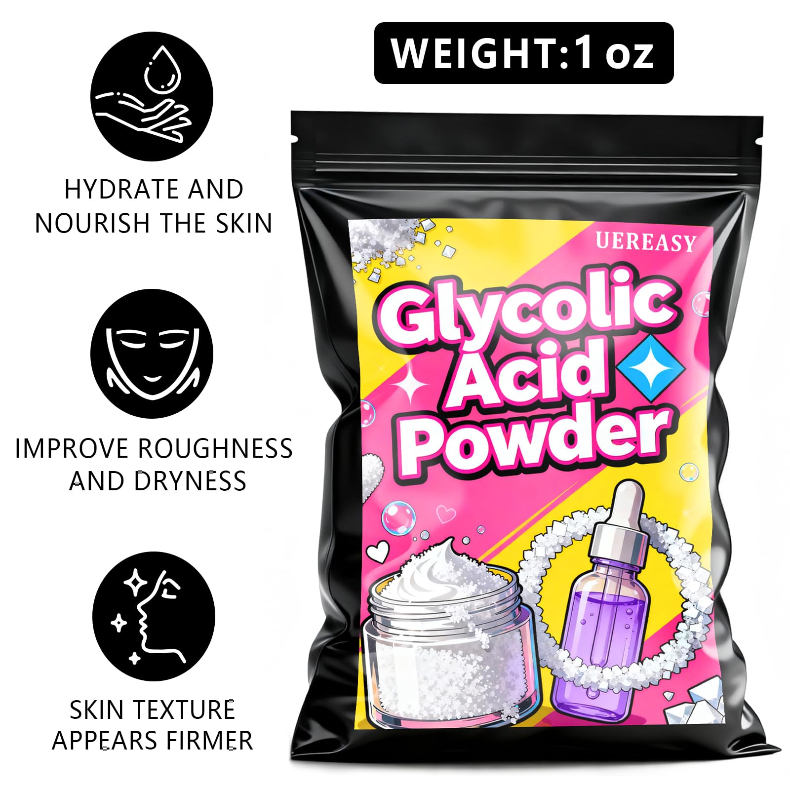 UERESAY Glycolic Acid Powder,Mild & Moisturizing, Glycolic Acid Powder for DIY Serums, Toners, Lotions, Moisturizers, and Cleansers, 1 oz