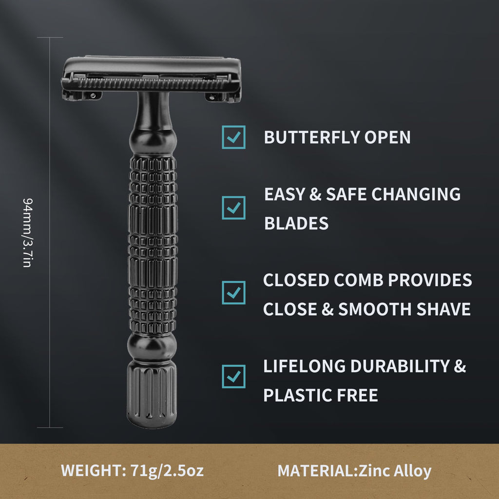 Gearhub Butterfly Double Edge Safety Razor Reusable Stainless Metal Wet Shaving Razor with 10 Swedish Platinum Blades for Men Women Barber Bikini Armpit Hair, Matte Black GR179