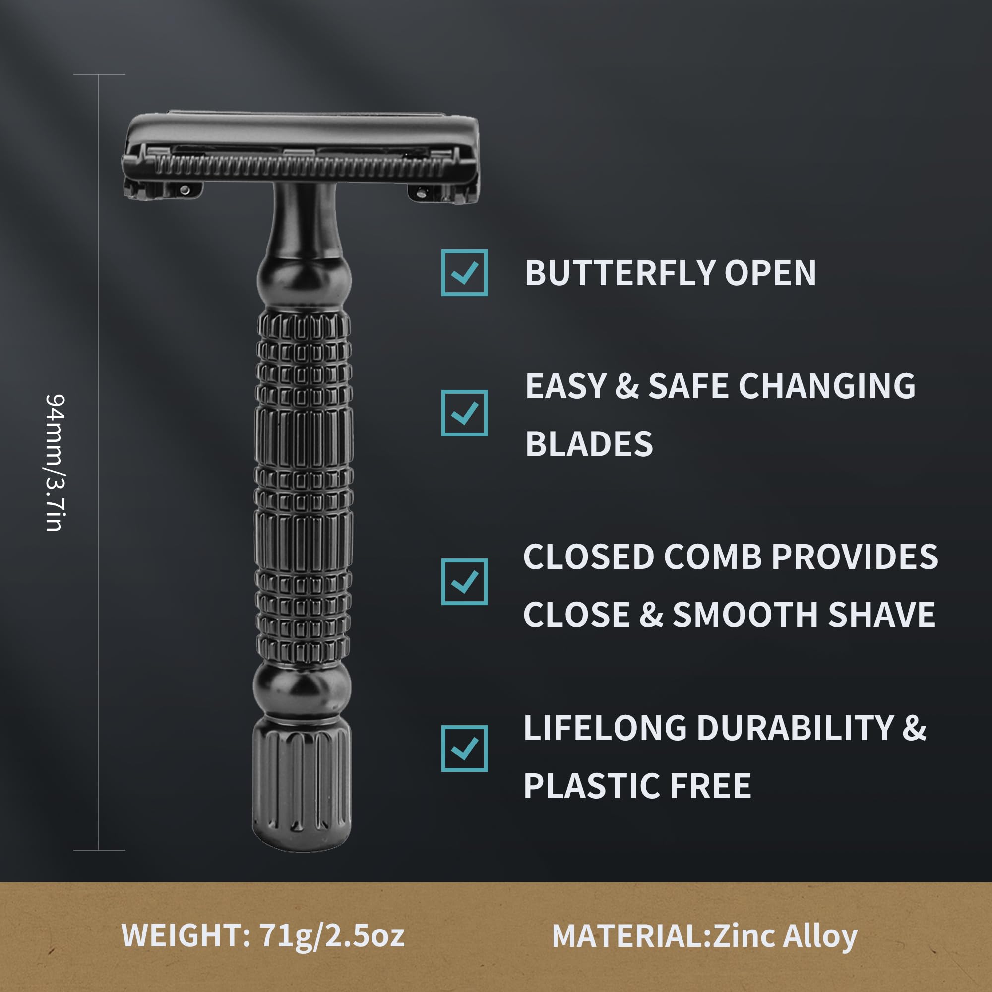 Gearhub Butterfly Double Edge Safety Razor Reusable Stainless Metal Wet Shaving Razor with 10 Swedish Platinum Blades for Men Women Barber Bikini Armpit Hair, Matte Black GR179