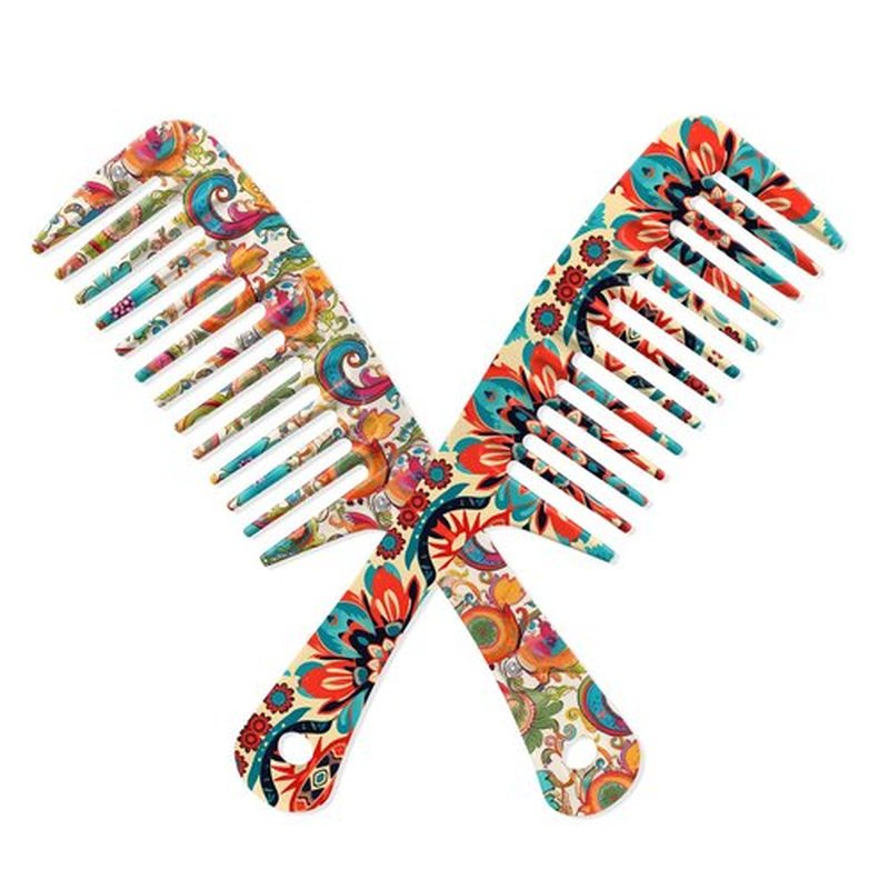 GABraden 2PCS Wide Tooth Comb,Effortless Tangle Removal for Long Hair Styling Comb for Curly,Wet,Cute Aesthetic Design for Women Men and Girls(Orange-Bohemia-20)