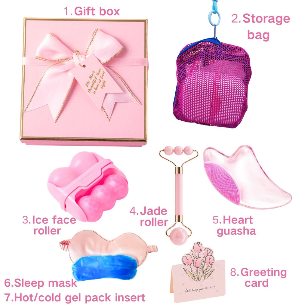 Skincare Tool Gifts Set for Her, Women, Daughter, Mom, Teen Girls - Gua Sha & Jade Roller, ice roller for face, Self Care Gifts Set, Eye Mask, with Greeting Card, Girlfriend Birthday Gift