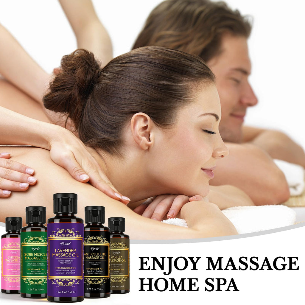 Pjordo 5 Pack Massage Oil for Massage Therapy, Lavender, Vanilla, Sore Muscle, Syringa & Anti Cellulite Massage Oil Kit for Relaxing Muscle & Soothing The Body, Home Spa Gift for Her Him