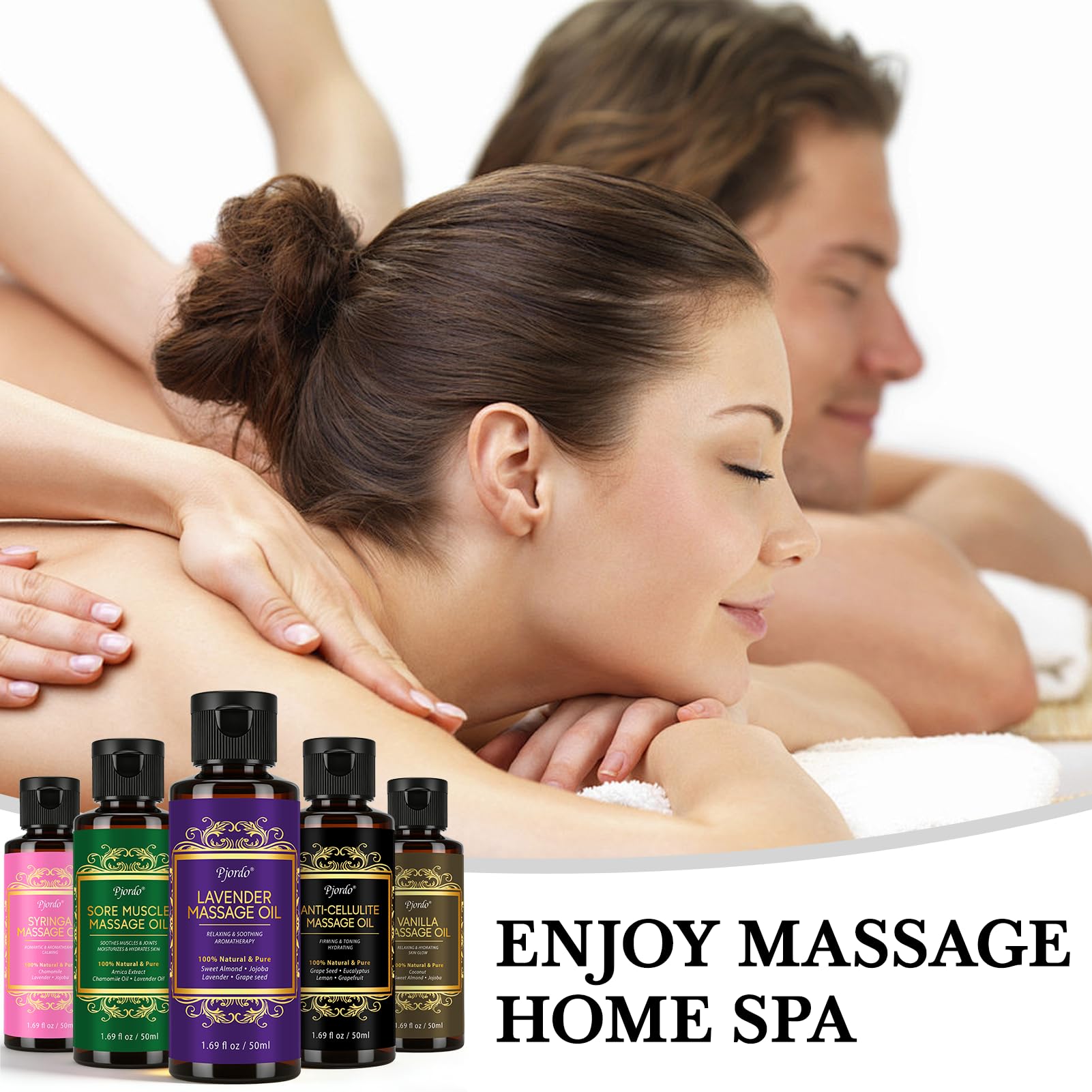 Pjordo 5 Pack Massage Oil for Massage Therapy, Lavender, Vanilla, Sore Muscle, Syringa & Anti Cellulite Massage Oil Kit for Relaxing Muscle & Soothing The Body, Home Spa Gift for Her Him