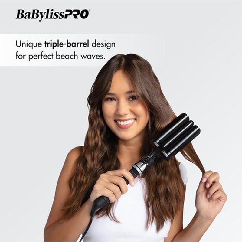 BabylissPRO Triple Barrel Waver - Porcelain Ceramic Hair Styling Tool | Sleek Black Finish