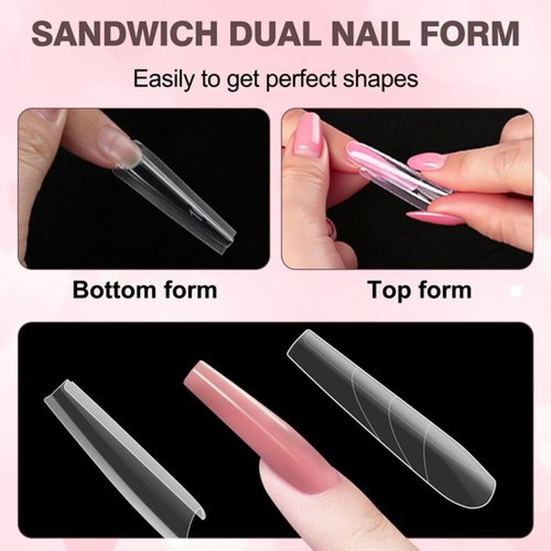 Sandwich Nails Dual Forms - 240Pcs Slim T-Shape Nail Mold for Quick Nails Extension, No Paper Forms Needed, 15 Sizes Plastic Form, Salon Nail Art Tools