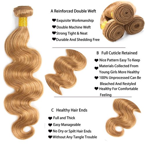 #27 Blonde Bundles Human Hair Blonde Body Wave Bundles 14 14 14 Inch Honey Blonde Body Wave Bundle Human Hair Extensions Brazilian Virgin Hair 3 Bundle 50 Gram Per Bundle