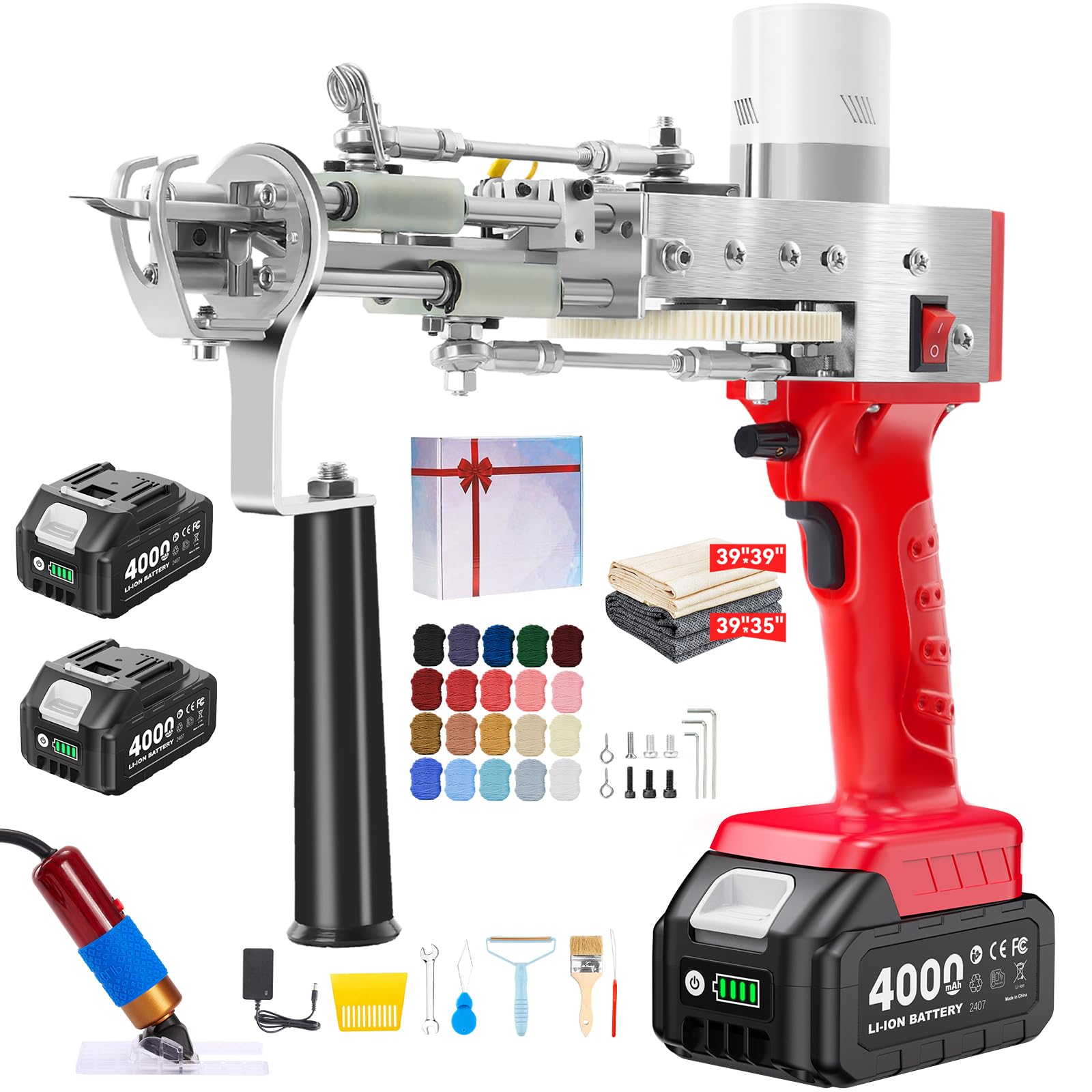 BESGEER Cordless Rug Tufting Gun with Carpet Trimmer Kit, Tufting Gun Starter Kit with 2pcs 4.0Ah Batteries，2 in 1 Cut Pile and Loop Pile Tufting Gun