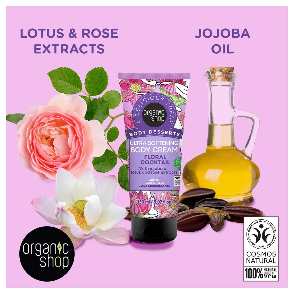 Organic Shop Jojoba Oil, Lotus & Rose Extract, Ultra Softening & Hydrating Body Cream, 100% Vegan & Organic, Daily Moisturizer, Body, Face & Hand Natural Lotion, Intensive Care Hydration. 150ml