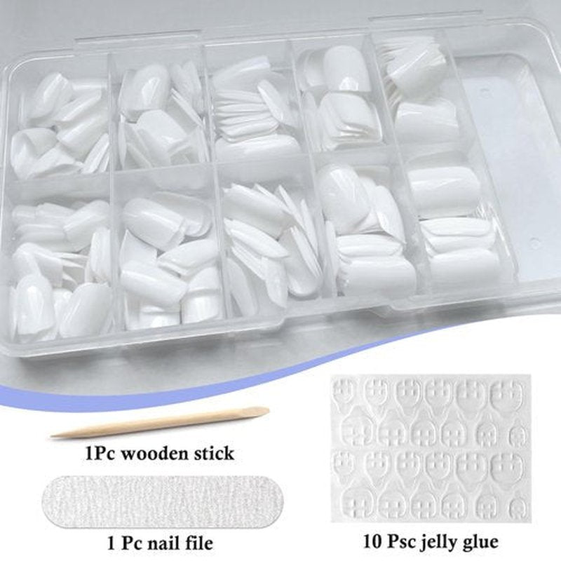LuckForever Short Press on Nails 240pc Glossy White Press on Nails Short Square Round Fake Nails Full Cover 10 Sheets Nail Adhesive Tabs,Small Wooden Sticks and Nail Files False Nails for Women