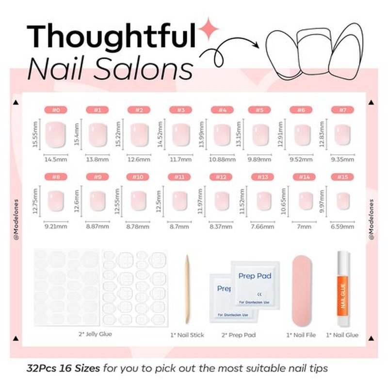 Modelones Extra Short Press on Nails, Semi-Transparent Squoval Fake Nails, Reusable Nail Kit with Nail Glue Adhesive Tabs Mini Nail File, Valentines Nails Press Ons 32Pcs 16 Sizes, Soft Pink