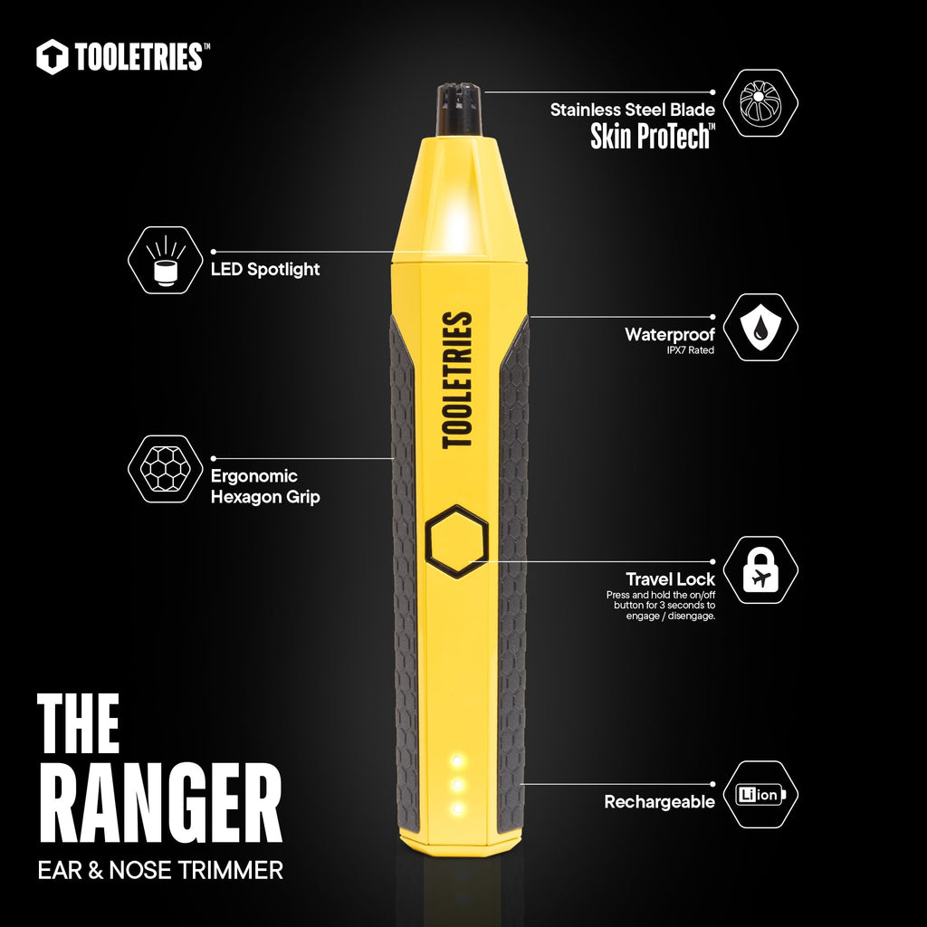 TOOLETRIES The Ranger Electric Nose & Ear Hair Trimmer for Men, Rechargeable Waterproof Trimmer, Stainless Steel Dual-Edge Blades, LED Precision Spotlight, Wet & Dry Grooming, Travel Lock - Yellow
