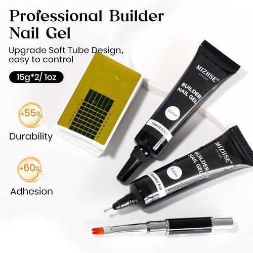 MIZHSE Builder Gel for Nails, 2Pcs 15mL Clear Hard Builder Gel for Nail Thickening Tip Design Rhinestone Glue U V LED Extension for Nail Art Design