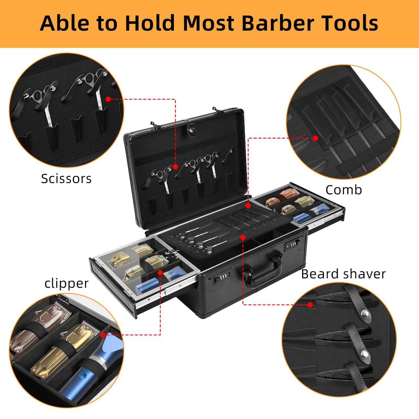 FAHKNS Barber Case, Profesional Barber Travel Case, Barber Box for Clippers and Supplies, Hair Scissors Trimmer Organizer
