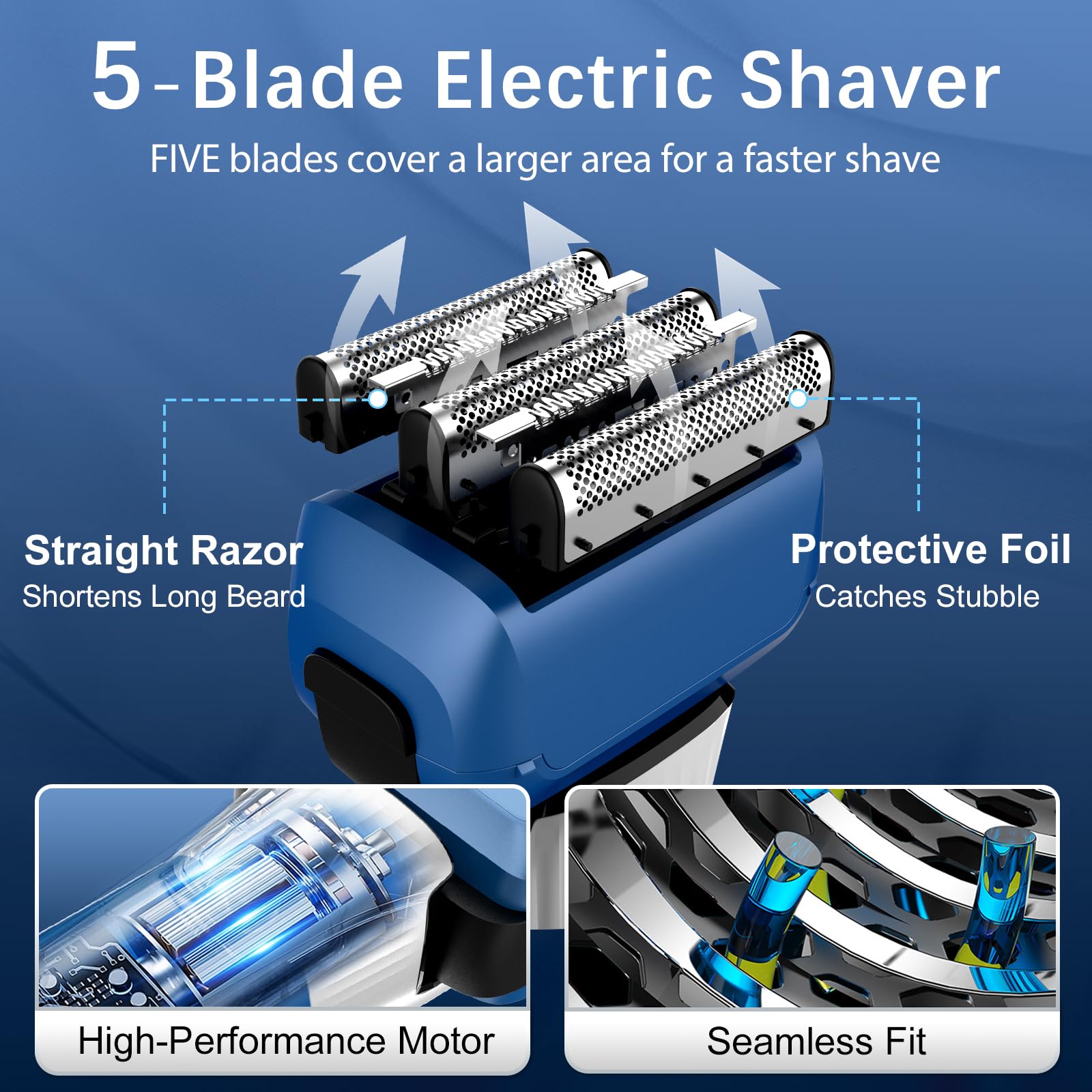 Electric Razor for Men, 2-Speed 5-Blade Electric Shavers for Men Face Cordless Rechargeable, Mens Foil Shaver Shaving Machine Wet Dry Men's Travel Razors for Man Close Shaving Face as Gift, Blue